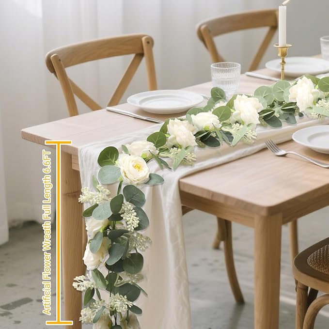 2 Packs Eucalyptus Garland with Flowers, 6.56ft Artificial Flower Greenery Garlands Natural Looking, Floral Garland Rose Vines for Party Wedding Table Backdrop Wall Decor