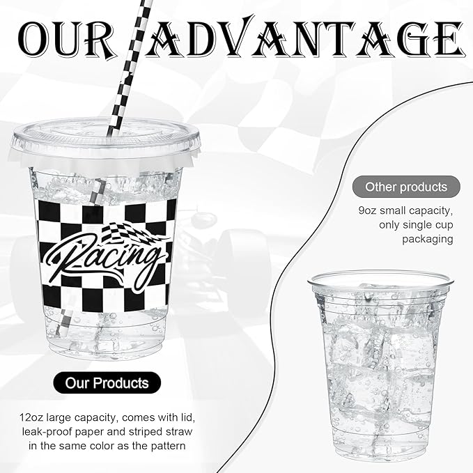 FoldTier 50 Pcs Checkered Racing Party Plastic Cups 12 oz White Black Checkered Flag Clear Cups with Straws and Lids Disposable Drink Cup for Race Car Sport Theme Birthday Party Supplies Baby Shower