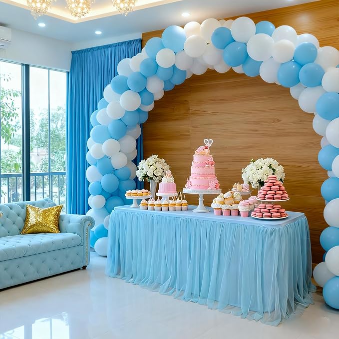 2-Pack Blue 2-in-1 Tulle Tablecloth for 6-Foot Rectangular Table – Stretch Fitted Table Skirt & Cover for Baby Shower, Bridal, Birthday, Princess Party