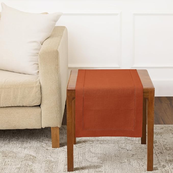 Solino Home Linen Hemstitch Table Runner 36 Inches - 100% Pure Linen Cinnamon Table Runner 14 x 36 Inch Ideal for Dresser and Coffee Tables - Classic Hemstitch - Fall, Autumn, Halloween, Thanksgiving