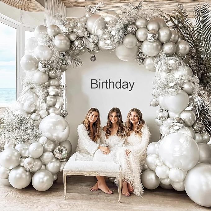 Silver Balloon Arch Kit Double Stuffed Pearl Metallic Silver Balloon Garland Different Size With Clear Balloons for Birthday Valentines Day Engagement Wedding Bridal Baby Shower Graduation Party Decor