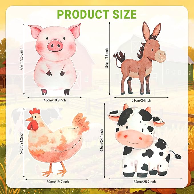 Large Farm Animal Cardboard Cutouts - 4Pcs Farm Party Yard Sign Set Farm Animals Cardboard Stand Sign for Baby Shower Birthday Decorations Photo Booth Props