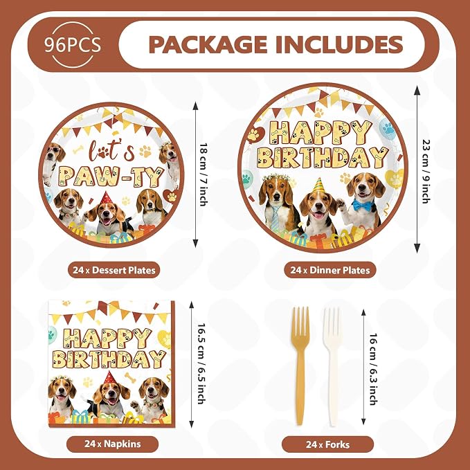 96 Pcs Dog Birthday Party Decorations Beagle Dog Plates and Napkins Disposable Let's Pawty Tableware Set for Boys Girls Pet Lover Owner Puppy Animal Birthday Party Supplies Serves 24