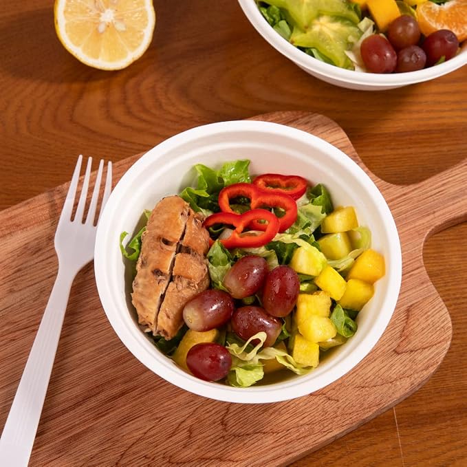 supernal 200Pcs Compostable Disposable Paper Bowls Combo Set for Catering | Heavy duty bagasse sugarcane bowls include 100pcs 16oz and 100pcs 30oz. Biodegradable, leakproof soup bowls for party.