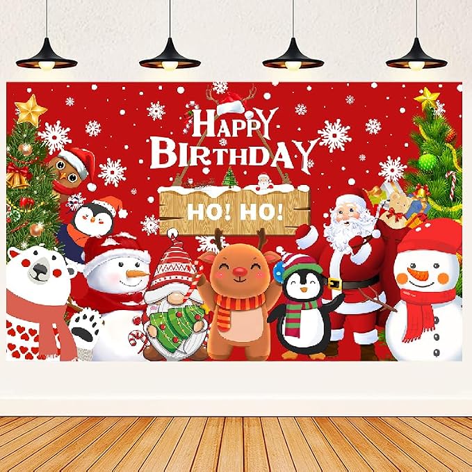 Christmas Themed Happy Birthday Party Decorations, Plates Napkins Cups Tableware, Christmas Snowman Backdrop Tablecloth, Happy Birthday Banner, Cake Topper, Colorful Printed Balloons for Kids Adults