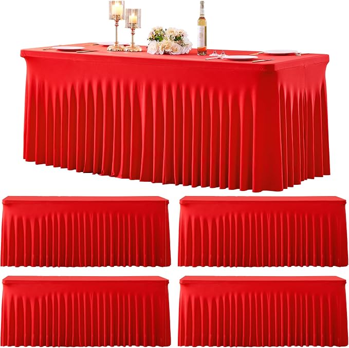 4 Pack Red Spandex Tablecloths for Rectangle Tables 6 Foot Red Stretch Table Cloth Rectangle 6ft Elastic Fitted Table Cover Fabric with Skirt for Wedding Graduation Birthday Party Banquet Buffet