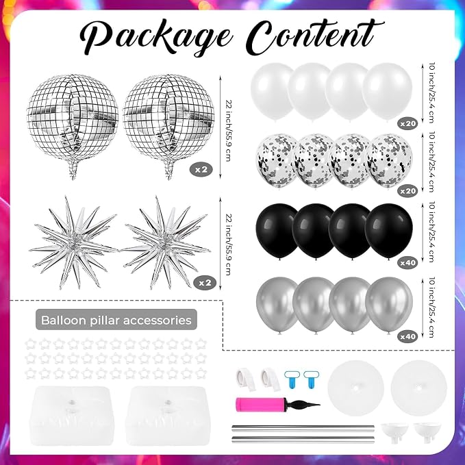 2 Sets Disco Balloon Column Stand Kits Adjustable Black and Silver Balloons Column Kit with Disco Ball Explosion Star 80s Party Themed Tower Stand Kit for Birthday Party Retro Dance Supplies