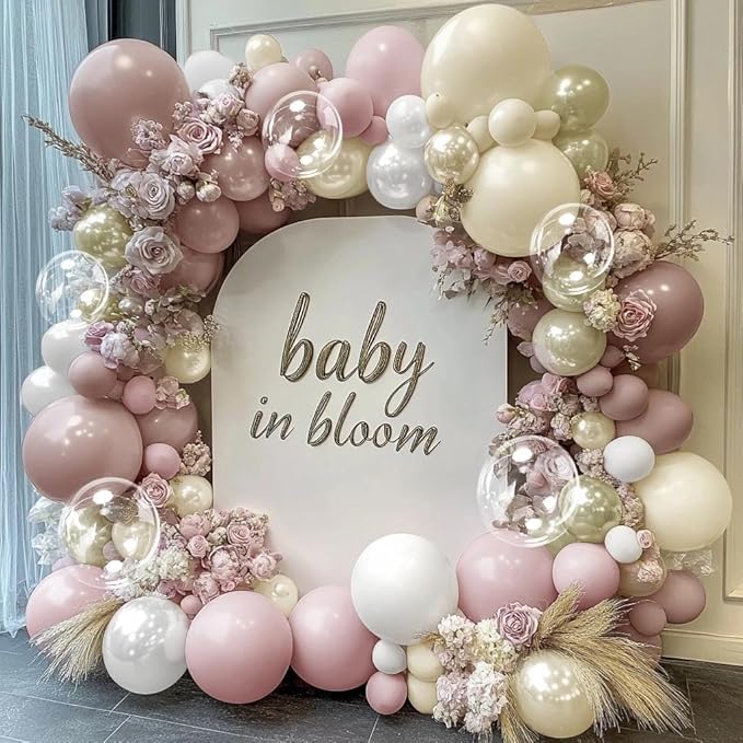 Dusty Pink White Beige Balloon Arch, Double Stuffed Pink Mauve Pearl White Nude Gold Balloon Garland Kit Boho Blush Cream Balloons for Birthday Baby Shower Bridal Wedding Mother's Day Party Decor
