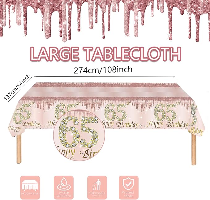 121Pcs 65th Birthday Party Supplies Plates Napkins Cups Forks Tablecloth Rose Gold Happy 65th Birthday Themed Disposable Tableware Decorations Serves 24 Guests for Women Ladies 65 Years Old Birthday