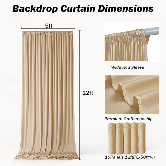 50ft×12ft Champagne Backdrop Curtain for Wedding Parties, 10 Panels Wrinkle Free Polyester Photo Backdrop Drapes Back Drop Cloth for Birthday Photography Background