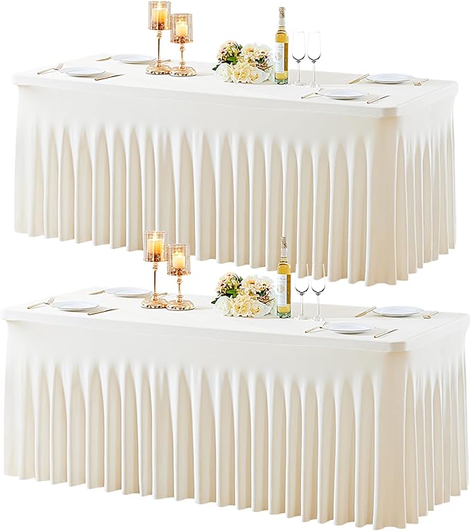 2 Pack Ivory Table Cloth for 8 Foot Rectangle Tables Spandex Fitted Tablecloth 8ft Stretch Table Covers Skirt Ivory Banquet Tablecloths Wrinkle Free Tablecloth for Party Wedding Birthday Event