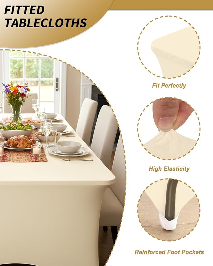 Fixwal 6 Pack 8Ft Ivory Table Cover, Spandex Fitted Tablecloths Rectangle, Wrinkle-Free and Stretch Folding Table Cloth for Banquet, Wedding, Party, Trade Show