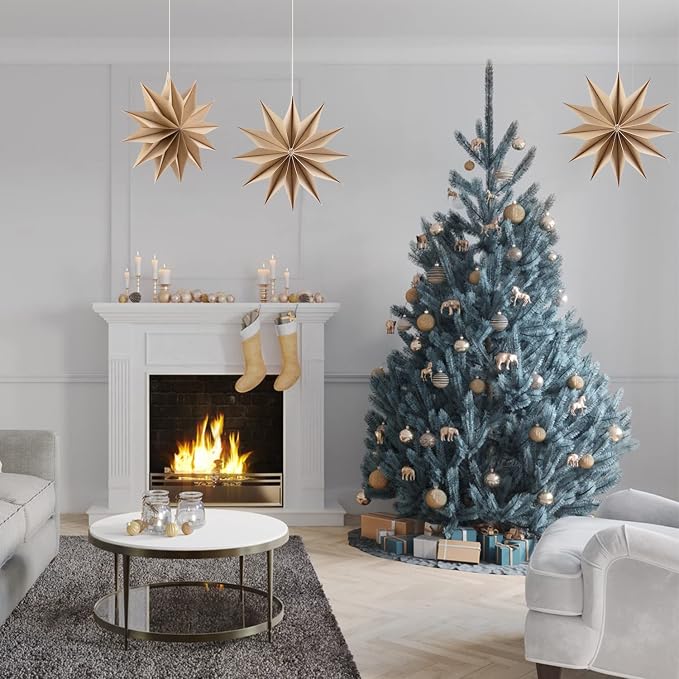 SUNBEAUTY 3 Pcs 12-Pointed Brown Paper Star Lanterns 12 Inch Christmas Hanging Lamp Rustic Paper Decorations Shade Wedding Birthday Christmas Home Party Decorations