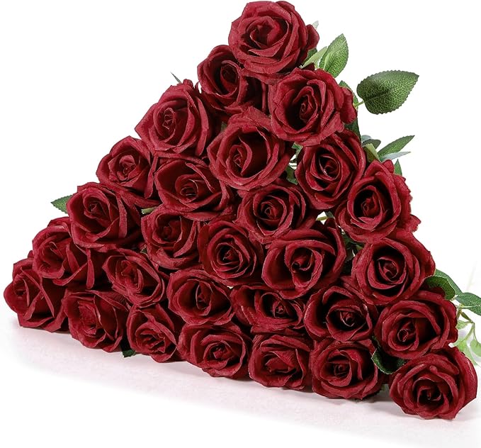 Hotop 20 Pcs Artificial Rose Flowers with Long Stem, Real Lifelike Silk Realistic Plastic Bouquet Roses Bulk for Home Decor Bridal Wedding Party Table Centerpieces Decorations(Wine Red)