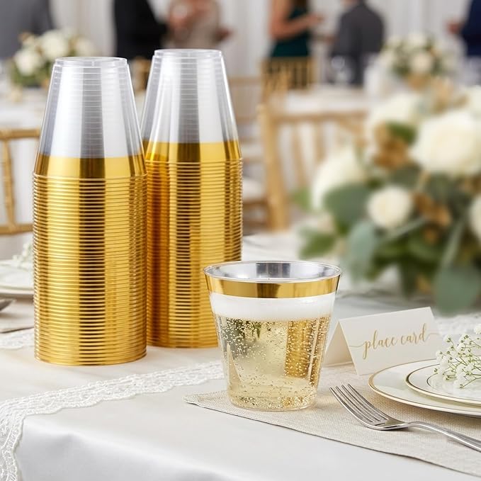 [200 Pack] 9oz Clear Plastic Cups with Gold Rimmed Sturdy & Food Safe Disposable Wine Glasses Party Wedding Cups Disposable Drinking Cups Plastic Cocktail Glasses for Wine, Juice & Cold Beverages