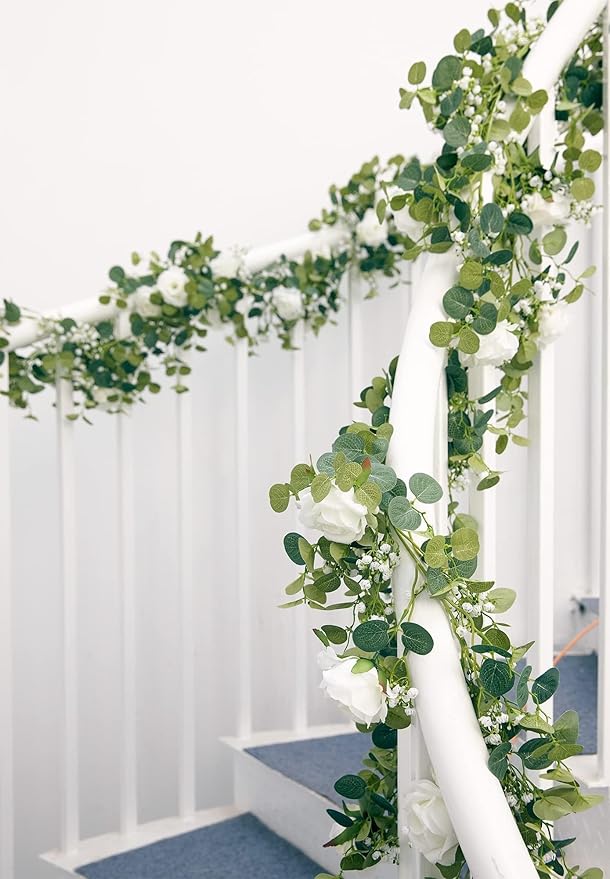 Anna's Whimsy 2PCS 5.91FT Artificial Eucalyptus Garland with Flowers, Fake Rose Gypsophila Garland, Faux Floral Greenery Garlands for Wedding Spring Home Party Table Runner Decor（White）