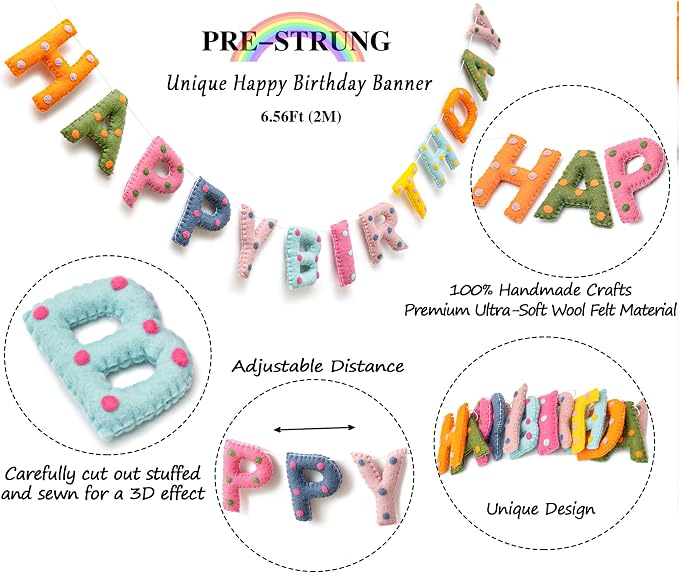 Pre-Strung Handmade Wool Felt Colorful Happy Birthday Banner, Unique 3D Confetti Dots Happy Birthday Garland Decor, Reusable Happy Birthday Sign for Boho Rainbow Party Backdrop Decorations