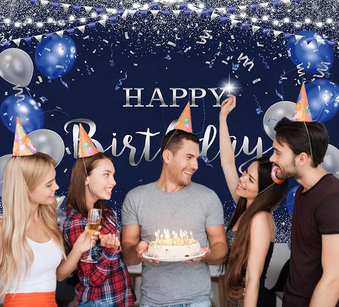 Happy Birthday Backdrop 10x8ft for Men Boys Navy Blue and Silver Happy Birthday Banner Decorations Large Birthday Party Photo Background Poster for Women Girls Supplies Polyester Fabric