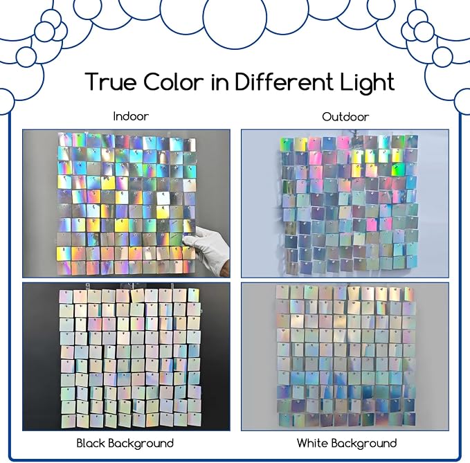 COKAOBE Iridescent Silver Shimmer Wall Backdrop, 24 Panels Square Sequin Shimmer Backdrop, Photo Backdrops for Birthday, Anniversary, Wedding, Graduation & Bachelorette Party Decoration