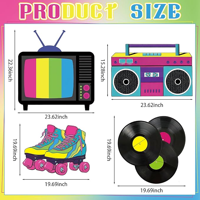 4 Pcs Large 80s Birthday Party Decoration, 23.62 Inch 1980s 90s Party Cardboard Cutout Retro Birthday Decoration for Themed Lawn Classroom Tv, Roller Skates, Radio, Records Yard Decor
