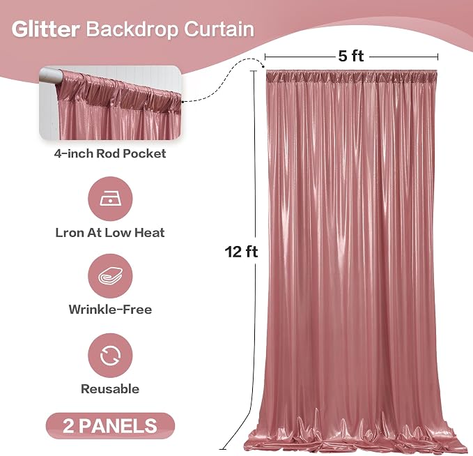 gogoparti 10x12FT Rose Gold Sequin Backdrop Curtain-2 Panels of 5x12FT Wrinkle-Free Glitter Drapes for Photography, Birthdays, Weddings & Graduations