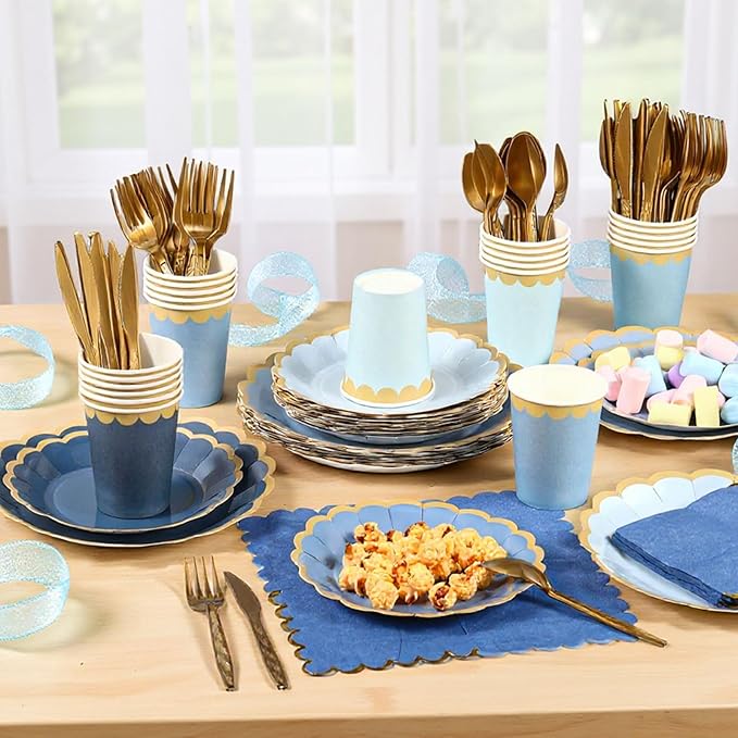 Mimorou 338 Pcs Dusty Blue Plates and Napkins Party Supplies for Guests Blue Tableware Include Scalloped Plates Paper Napkin Cup Spoon Fork Knife for Baby Shower, Wedding, Birthday