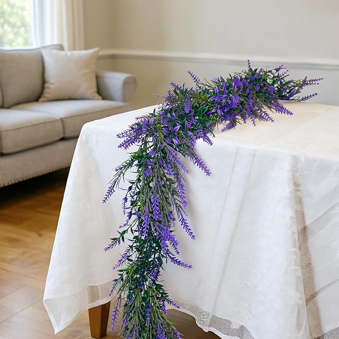 Zerzsy Lavender Purple Artificial Garland, 6Ft Artificial Flower Wreath Vines Decor, All Year Lavender Garlands Decorations for Table Home Wedding Mantle Arch Porch Party (1pcs-Purple)