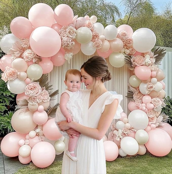Pink White Balloon Garland Double Stuffed Pink Beige Cream Peach Pastel Balloon Arch Kit Pearl Sand White Balloons for Baby Shower Birthday Wedding Anniversary Party Decoration