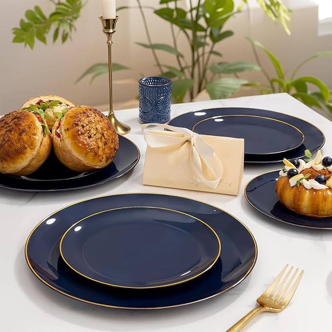 bUCLA 150PCS Blue and Gold Plastic Plates - 25 Guests Navy Blue Plastic Dinnerware Disposable for Party and Graduation - Include 25 Dinner/Dessert Plates, 25 Knives, 25 Forks, 25 Spoons, 25 Cups