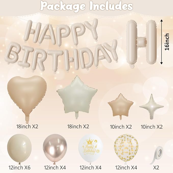 Boho Cream Beige Birthday Decorations for Women Neutral Nude Sand White Champagne Gold Print Balloons Gold Confetti Balloon Happy Birthday Banner Heart Balloons Star Balloon for Bday Party Supplies