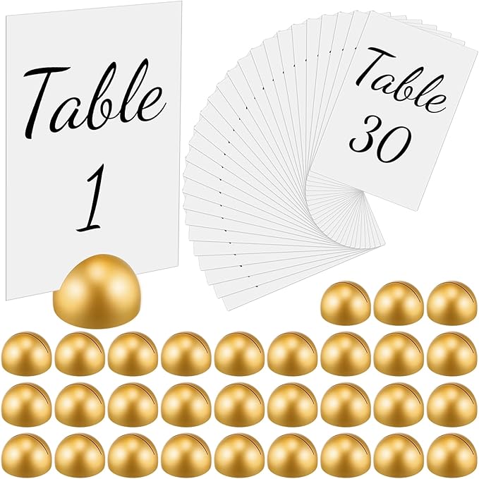 Queekay 30 Packs Gold Round Table Number Stands with 1-30 Cards- 4x6 Inch, Wedding Table Number Holders for Reception, Centerpieces, Party Decorations(Gold)
