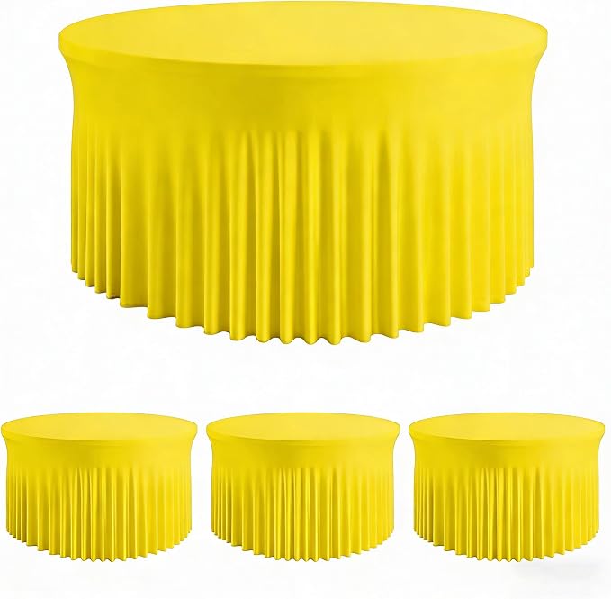 4 Pack Yellow 60 inch Round Spandex Tablecloth,Wrinkle-Free Stretchy Fitted 5FT Round Tables,Elastic Edge with Skirt,Washable Tablecloths for Wedding Banquet Party Birthday Buffet
