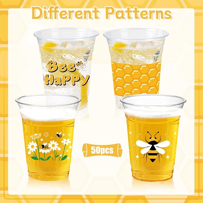 50 Pcs Honey Bee Party Decoration Cups, 12 oz Clear Disposable Drinking Honey Cups, First Bee Day Theme Summer Party Decorations Favors for Home, Kitchen, Baby Shower