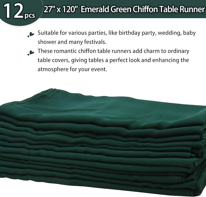 12 Packs Dark Green 10Ft Chiffon Table Runner 27x120 Inches Sheer Chiffon Table Runner Romantic Boho Rustic Wedding Table Runner for Wedding Birthday Party Decor Bridal Baby Shower Table Decoration