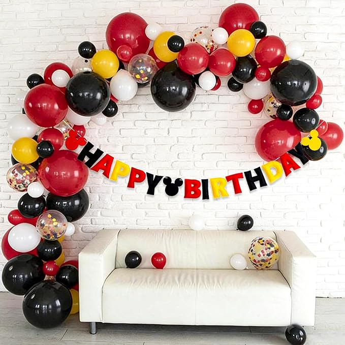 Reusable Cartoon Mouse Birthday Party Decorations - Pre-Strung Happy Birthday Banner with Red Black Yellow Mickey Style, Personalized Birthday Sign for Boys Girls Kids Babies Birthday Party Supplies