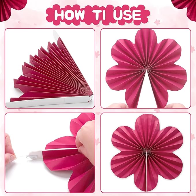 BestoFun 12 PCS Paper Flowers Fans Red Green and Pink Party Decorations Paper Flowers Decorations for Wall Girl Groovy Birthday Baby Shower Wedding Bachelorette Room Hanging Décor