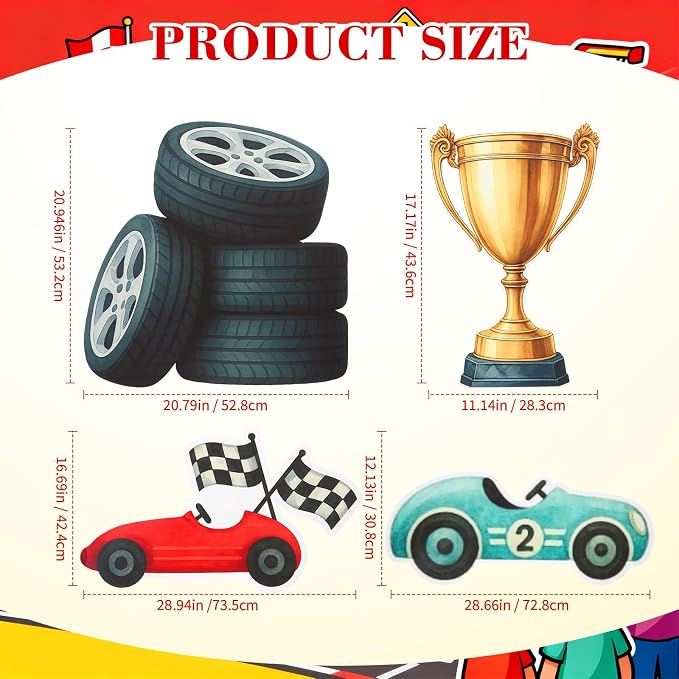 Honoson 4 Pcs Large 30" Racing Car Cardboard Cutouts Standup, Race Car Birthday Party Decorations Check Flag Trophy Tire Photo Booth Props for Photography Backdrop Baby Shower Party Supplies Yard Sign