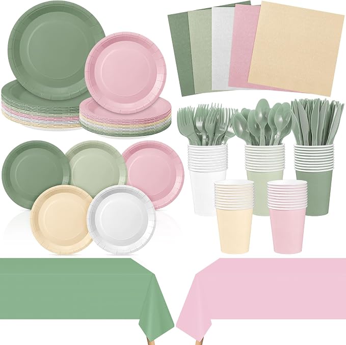 Mimorou 177 Pcs Sage Green and Pink Plates and Napkins Set Serves 25 Guests Gradient Green and Pink Tablecloth Plates Cup and Napkins Tableware for Birthday Wedding Bridal Baby Shower Party Supplies