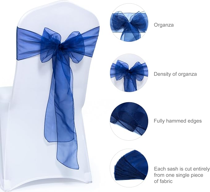 MDS® Pack of 75 Organza Chair Sashes for Wedding Decoration, Reusable Sheer Chair Bows for Banquet Chair Cover, Reception, Bridal Shower, Baby Shower, Birthday Party & Special Events - Navy Blue