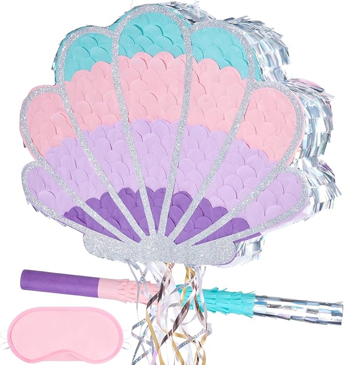 Wernnsai Mermaid Seashell Piñata - Pink Shellfish Piñatas for Kids Girls Birthday Mermaid Princess Party Decorations Under The Sea Ocean Theme Party Games With Bat Blindfold 16“ x 12.5" x 3"