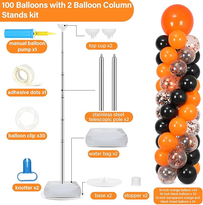 2 Sets Orange and Black Balloon Column Stand Kit with 100 Balloons Adjustable Balloon Tower Stand with Bases for Floor Black Orange Confetti Balloon Column Kit for Valentine Birthday Party Decor