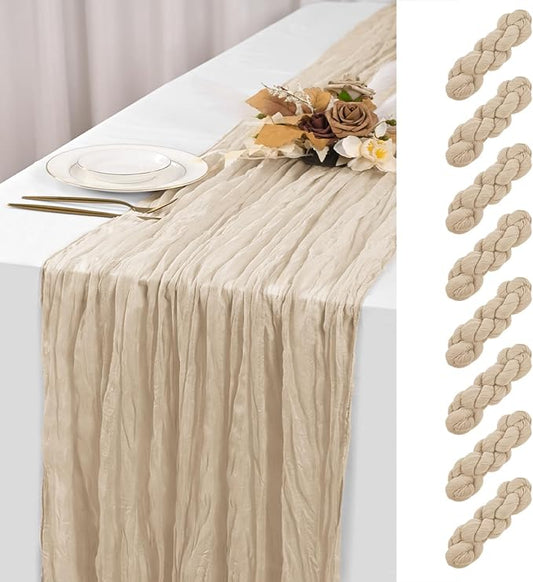 8 Pack Beige Cheesecloth Table Runner 120 Inch 10FT Spring Boho Rustic Sheer Gauze Cheese Cloth Table Runner for Wedding Baby Shower Birthday Party Table Decor