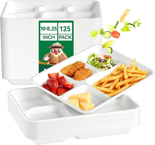 JOLLY CHEF Compostable 𝟱 Compartment Paper Plates 10*8.25*1 𝗶𝗻𝗰𝗵 [𝟭𝟮𝟱 𝗣𝗮𝗰𝗸] Small Heavy Duty Divided Disposable White Eco-Friendly Biodegradable Food Tray for School Lunch Dinner Christmas