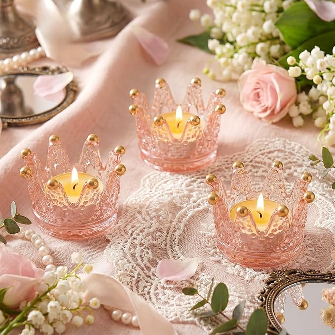Rubtlamp 6 Pack Pink Crown Candle Holders, Votive Candle Holders Bulk with Gold Tips, Glass Tealight Candle Holder for Table Centerpieces, Bridal Shower, Birthday, Wedding, Home Decor