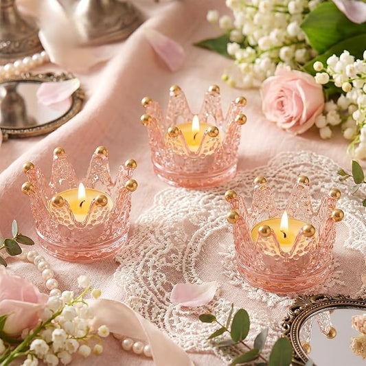 Rubtlamp 6 Pack Pink Crown Candle Holders, Votive Candle Holders Bulk with Gold Tips, Glass Tealight Candle Holder for Table Centerpieces, Bridal Shower, Birthday, Wedding, Home Decor