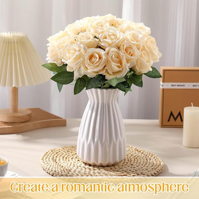 Hotop 20 Pcs Artificial Rose Flowers with Long Stem, Real Lifelike Silk Realistic Plastic Bouquet Roses Bulk for Home Decor Bridal Wedding Party Table Centerpieces Decorations(Champagne)
