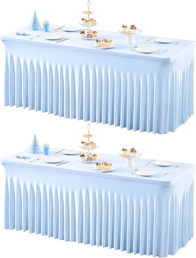 Shillance 2 Pack Baby Blue Spandex Table Clothes for 8 Foot Rectangle Tables, Wrinkle Free Fitted Tablecloths Stretch Ruffles Table Cover for Party, Banquet, Wedding and Events