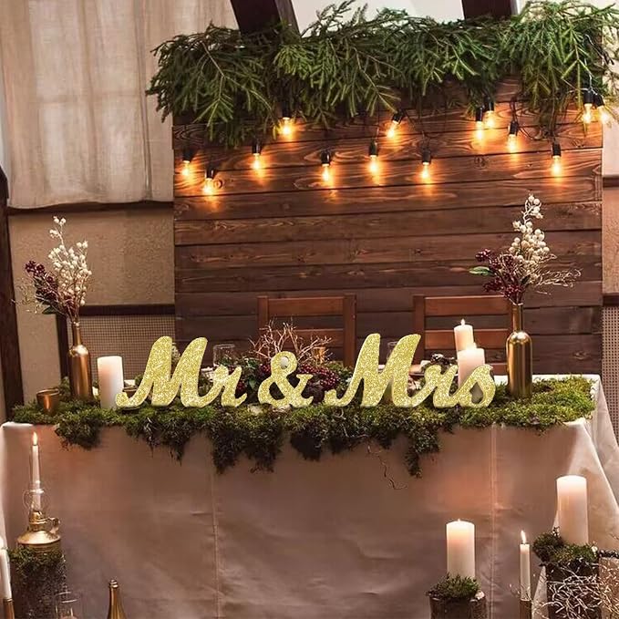 VIOPVERY Mr and Mrs Sign & Just Married Banner,Mr & Mrs Signs for Wedding Table,Large Wooden Letters for Sweetheart Table,Photo Props Wedding decorations for Anniversary,Gold