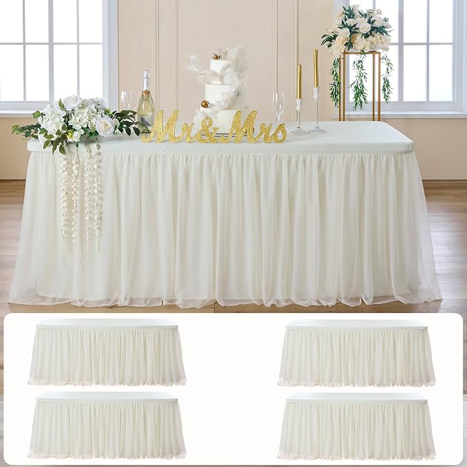 leegleri 4 pk 6ft Ivory Tulle Tablecloth for Rectangle Tables, 2-in-1 Cream Tulle Table Covers with Skirt,Wrinkle Free Stretchy Ruffle Tulle Table Cloths Fitted for Wedding Party Banquet Vendor