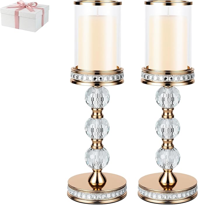14.7" Tall Hurricane Candle Holder, Pillar Candle Holders with Glass Sleeve with Gift Box, Crystal Candle Stands for Home Warming, Weddiing, Dining Room Decor, Table Centerpiece (2, Gold, L)